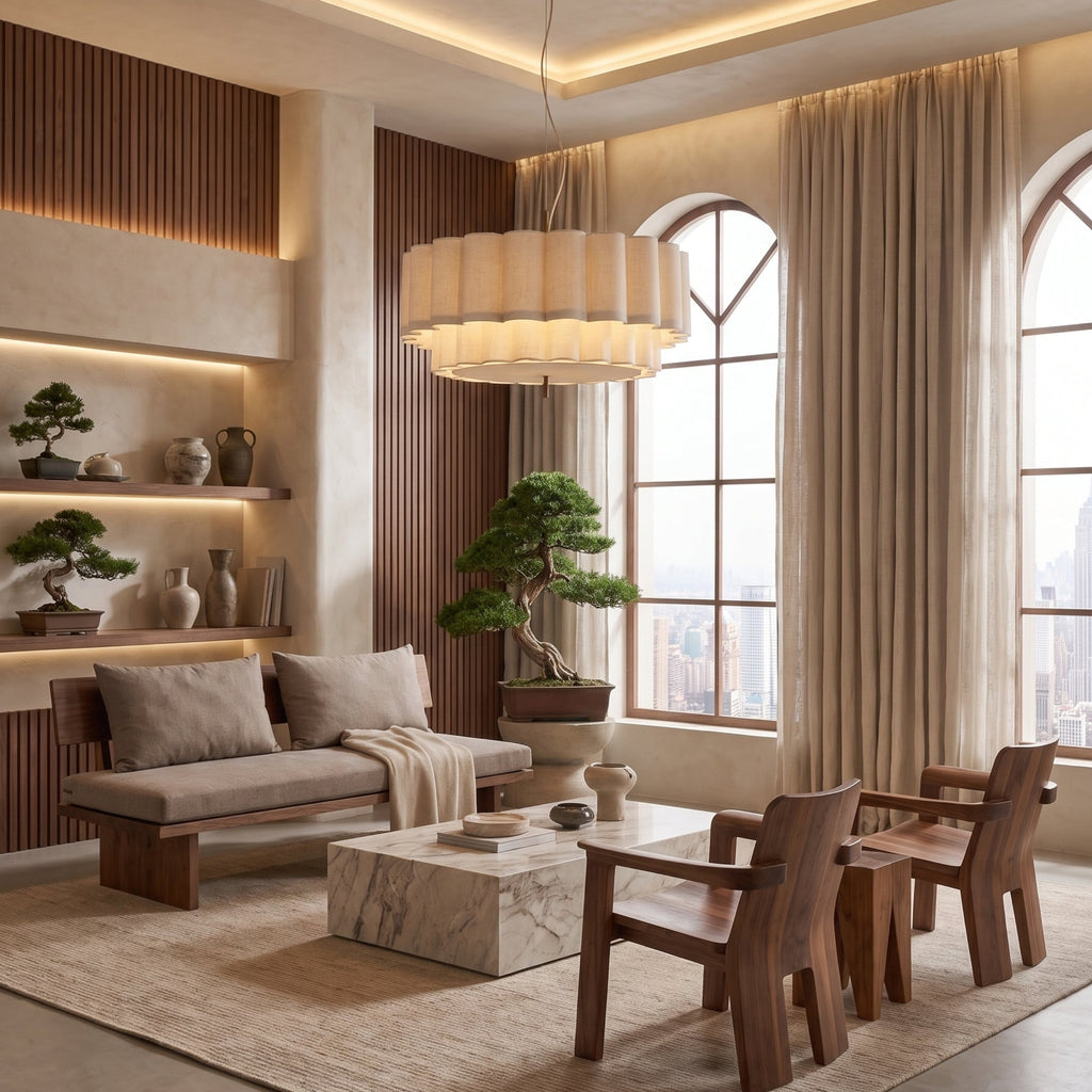 A modern, elegant living room featuring a beige sectional sofa, wooden dining chairs, a marble coffee table, a large pleated drum pendant light, and warm wood slat wall panels.
