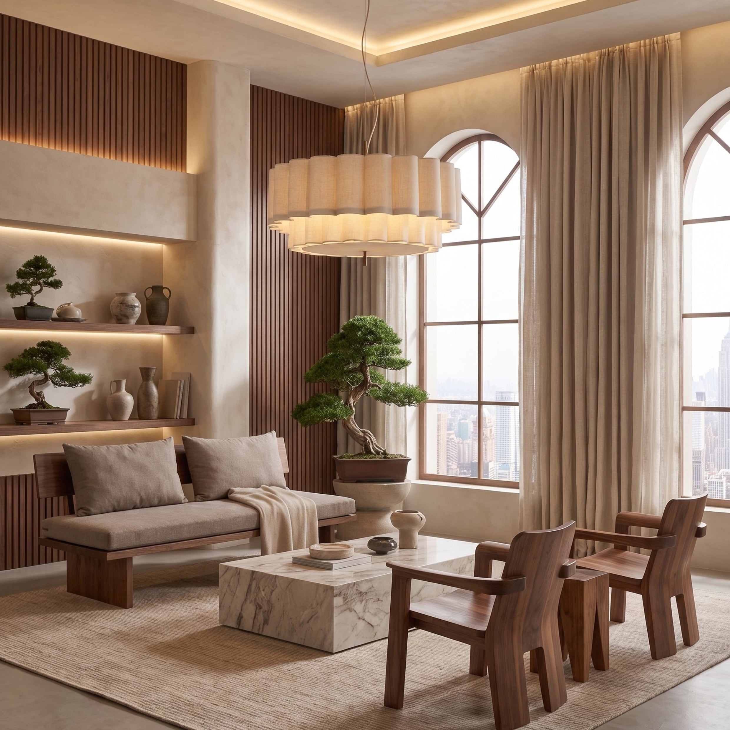 A modern, elegant living room featuring a beige sectional sofa, wooden dining chairs, a marble coffee table, a large pleated drum pendant light, and warm wood slat wall panels.