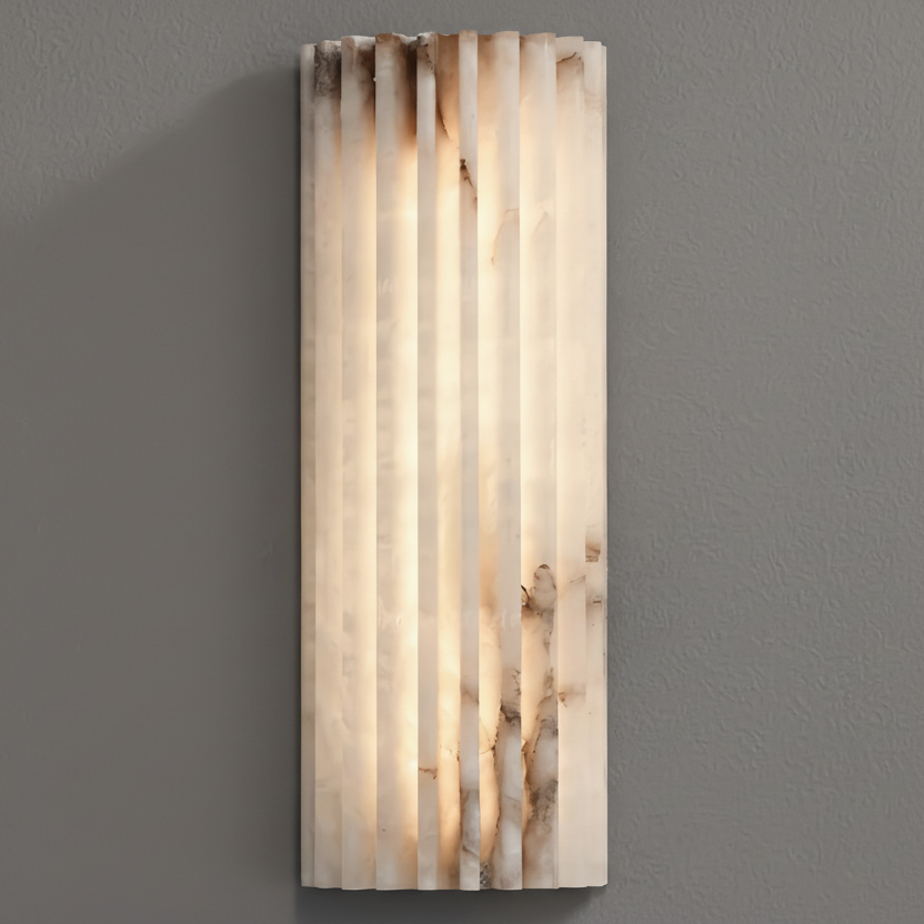 Decorative wall sconce with a striped design on a gray wall