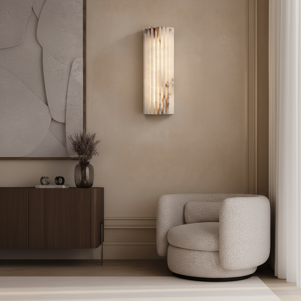 Modern wall sconce on a beige wall with a textured chair and decorative elements.