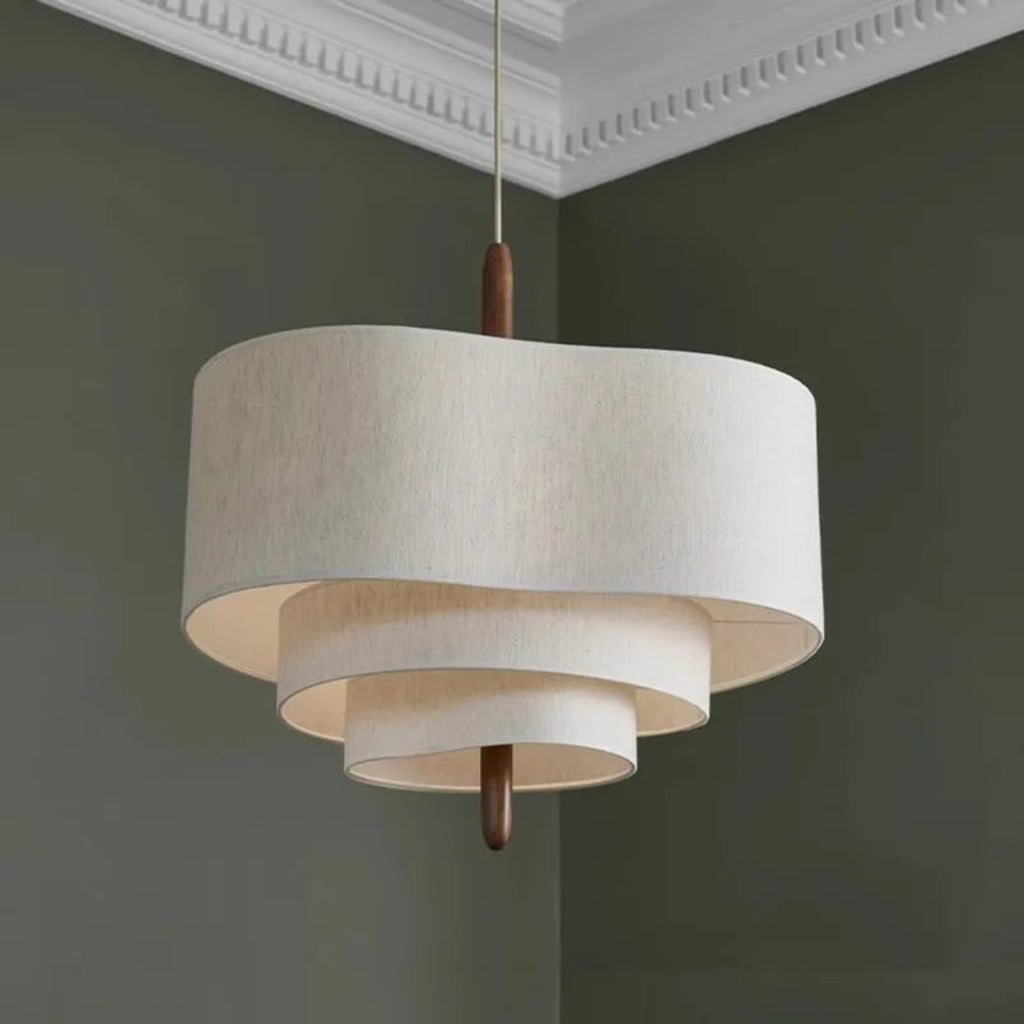 Ceiling light fixture with beige lampshade and wooden accents on a dark green wall.