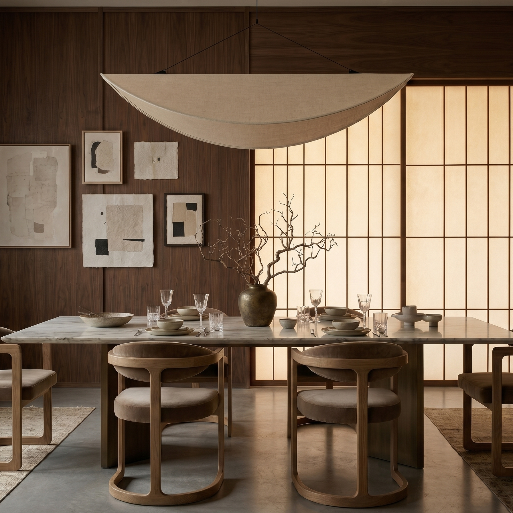Dining room with wooden table and chairs, wall art, and a shoji screen.
