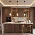 A modern kitchen interior with wood slat cabinetry, marble countertops and backsplash, pendant lights, built-in appliances, and two bar stools at the island.