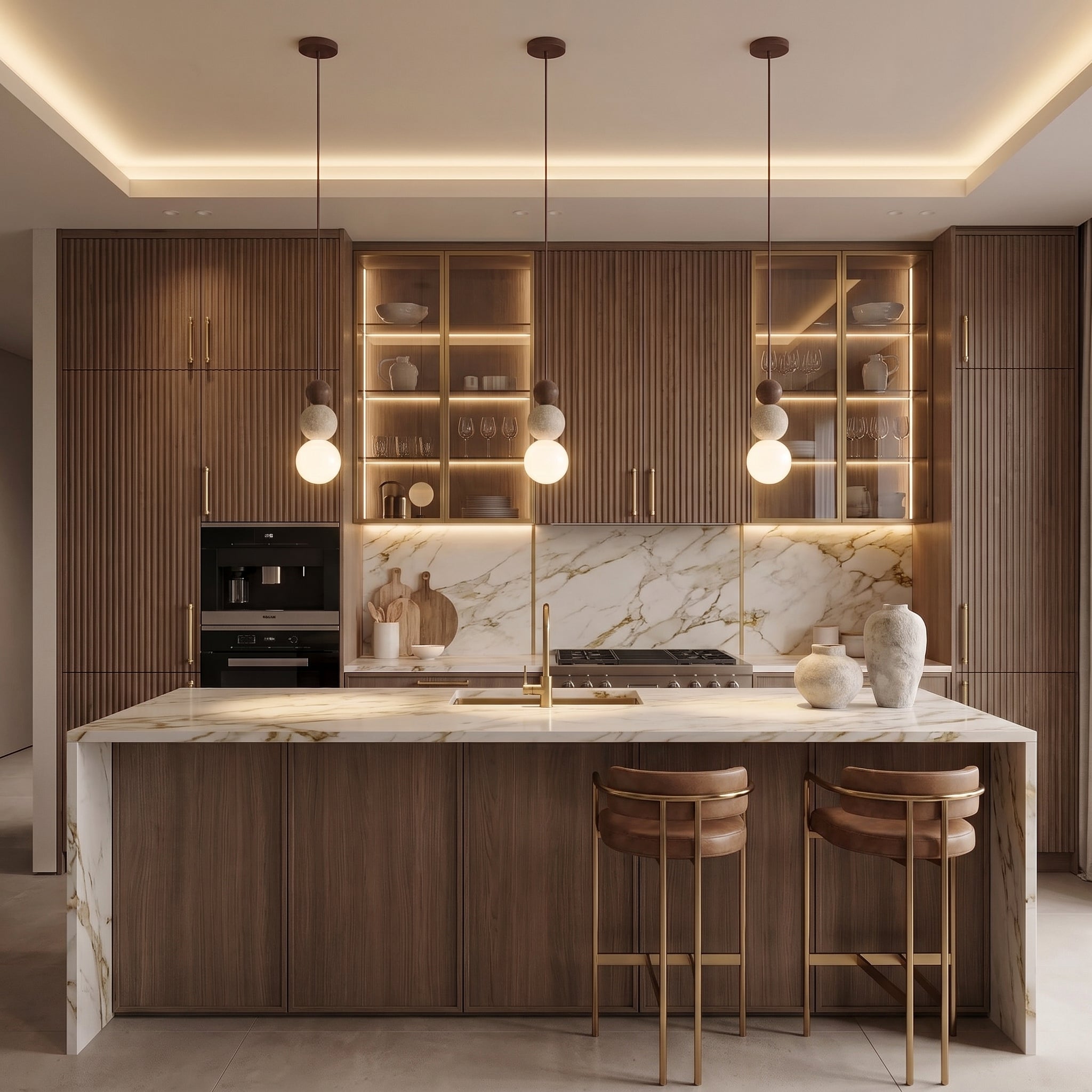A modern kitchen interior with wood slat cabinetry, marble countertops and backsplash, pendant lights, built-in appliances, and two bar stools at the island.