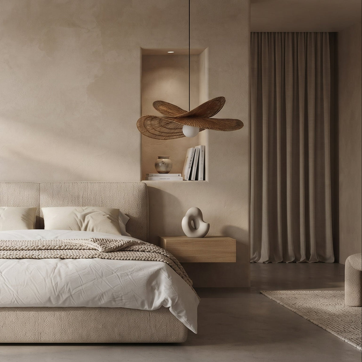 A modern minimalist bedroom featuring a low-profile platform bed with neutral beige bedding, flanked by floating wooden nightstands. The room has a warm, textured plaster wall, two matching wooden ceiling fans hanging from the ceiling, and floor-to-ceiling curtains.