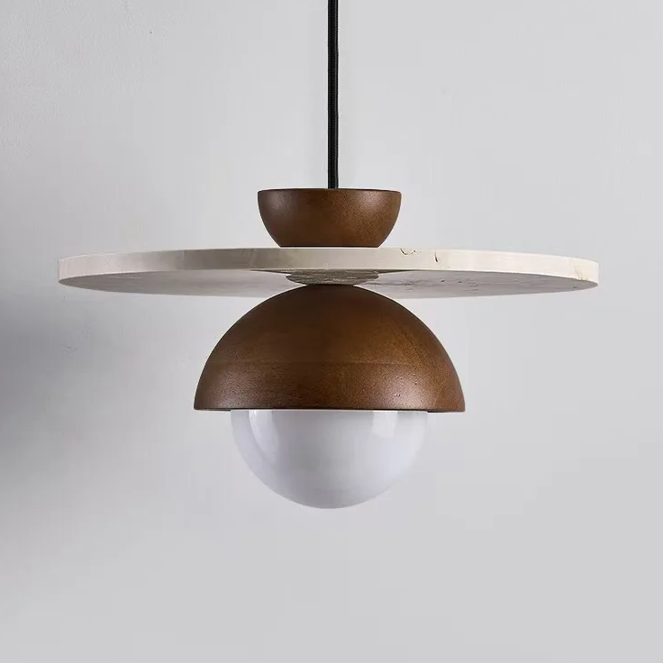 Modern pendant light with wooden and concrete design on a plain background