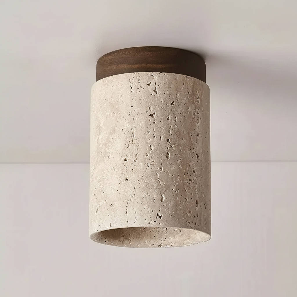 Ceiling light fixture with concrete-like finish and wooden top on a plain background