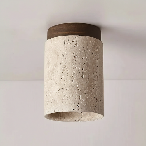 Ceiling light fixture with concrete-like finish and wooden top on a plain background