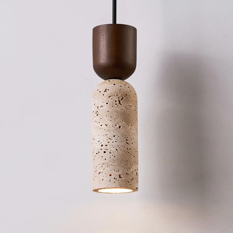 Pendant light with brown top and beige textured bottom on a white background