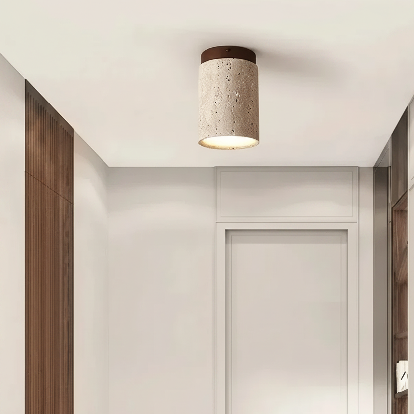 Ceiling light fixture with unique texture in a room with wooden walls and a white door.