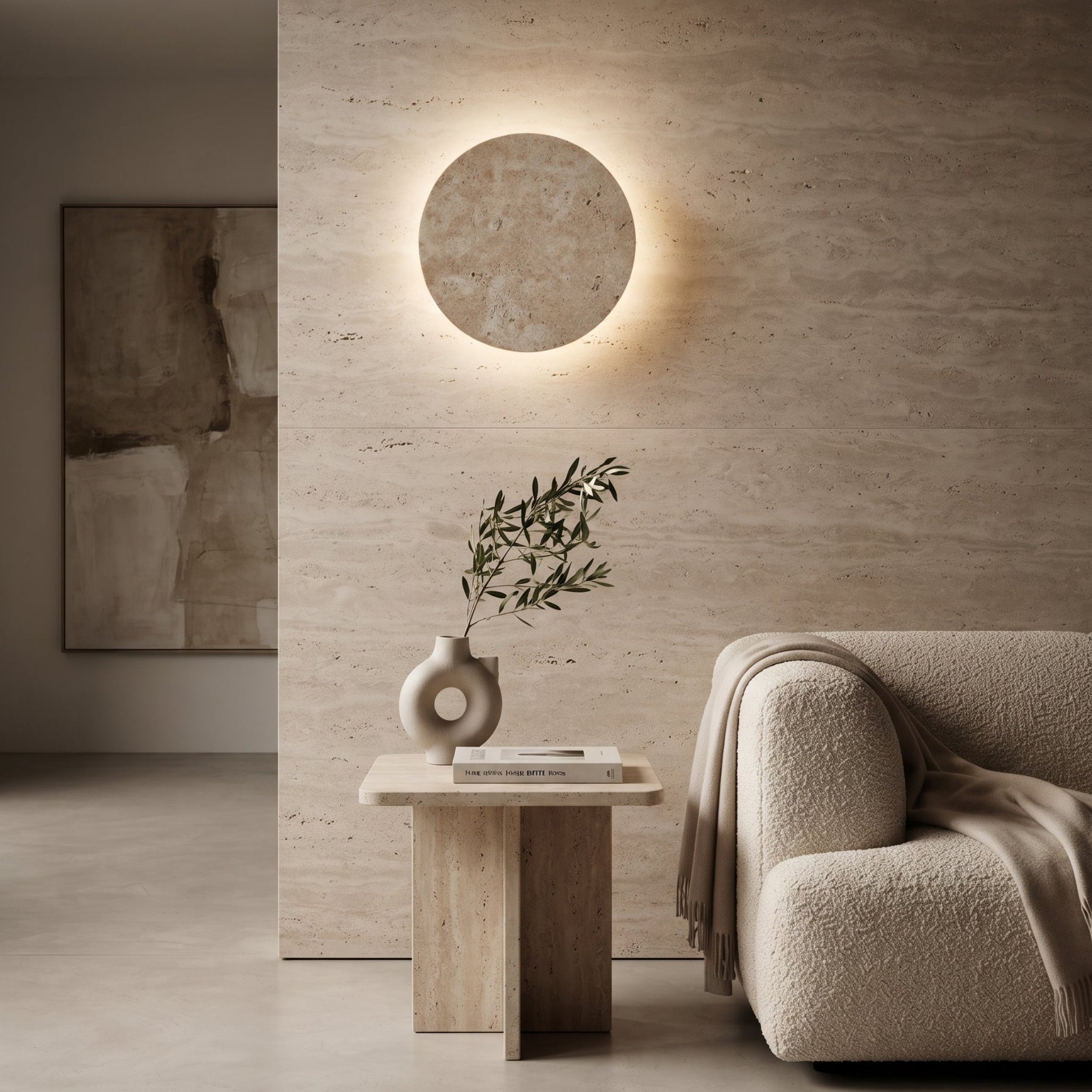A modern minimalist living room corner featuring a textured beige stone wall with a circular backlit light, a small wooden side table with a ceramic vase, and a plush cream bouclé sofa.