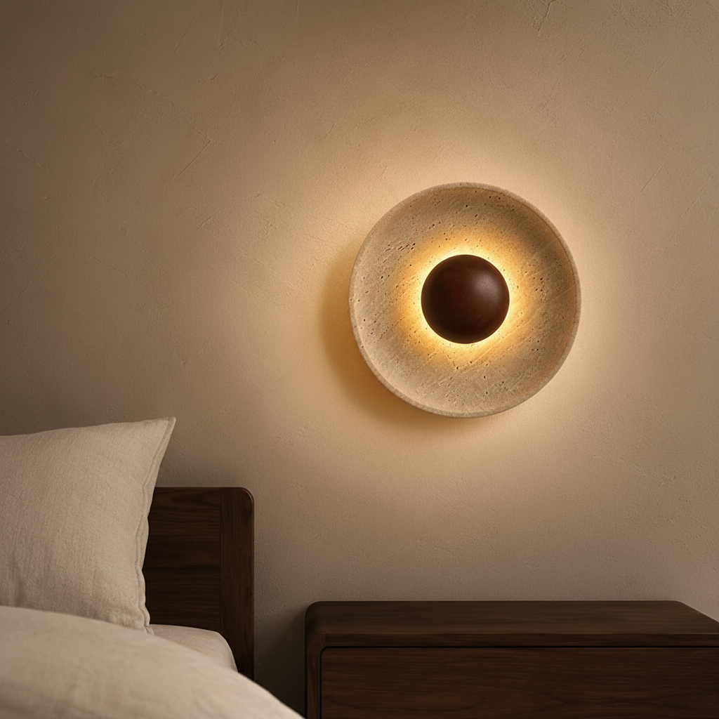 Round wall sconce on a beige wall above a bed