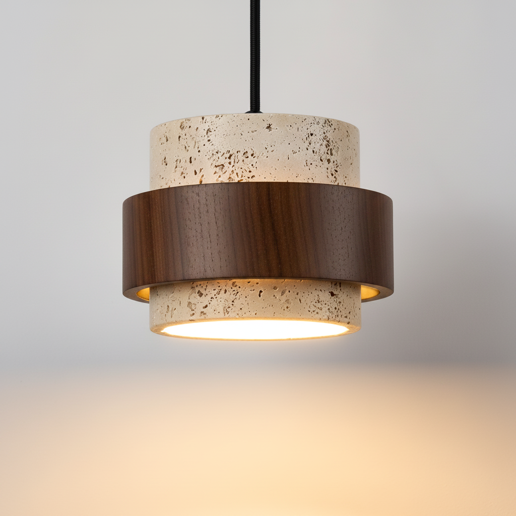 Pendant light with concrete-like finish and wooden accents on a neutral background