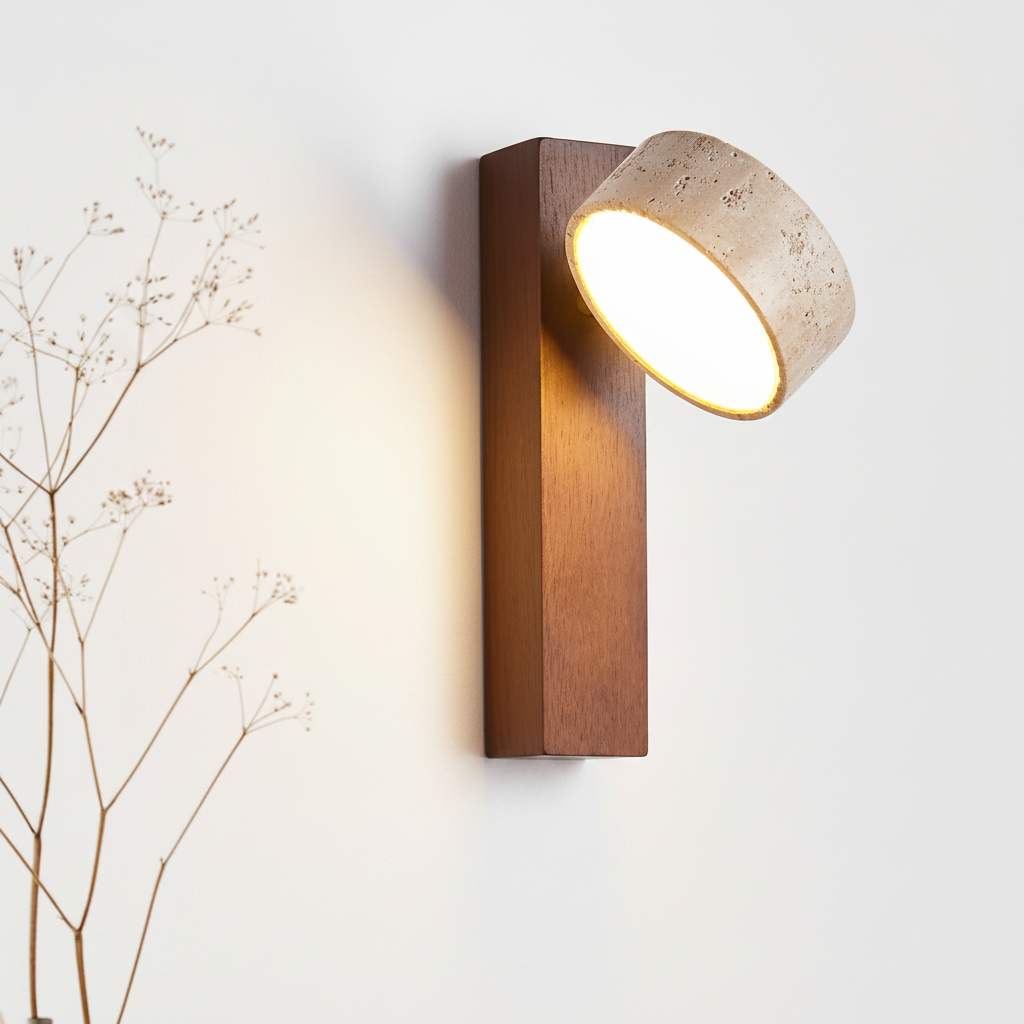 Modern wall-mounted light fixture with wooden base and concrete shade on a white wall.