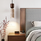 Modern pendant light fixture in a room with wooden furniture and decorative elements.