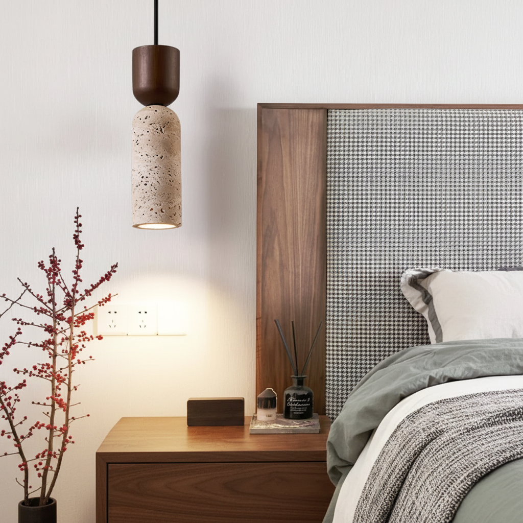 Modern pendant light fixture in a room with wooden furniture and decorative elements.