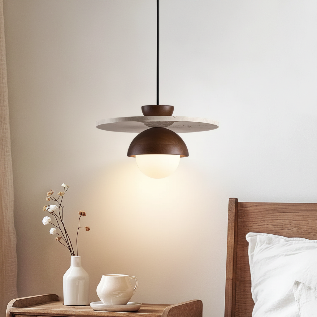 Modern pendant light fixture in a bedroom setting with a vase and mug on a nightstand.