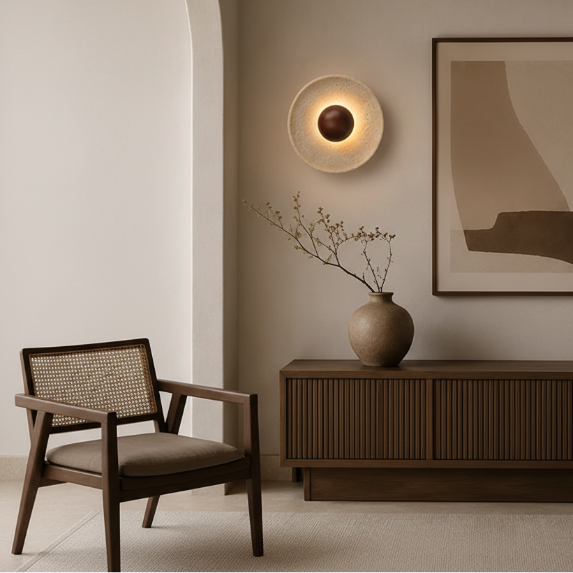 Modern interior design with wall lights, a vase, and abstract art on a neutral wall.