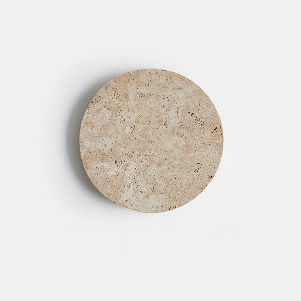 Round beige stone coaster on a white background