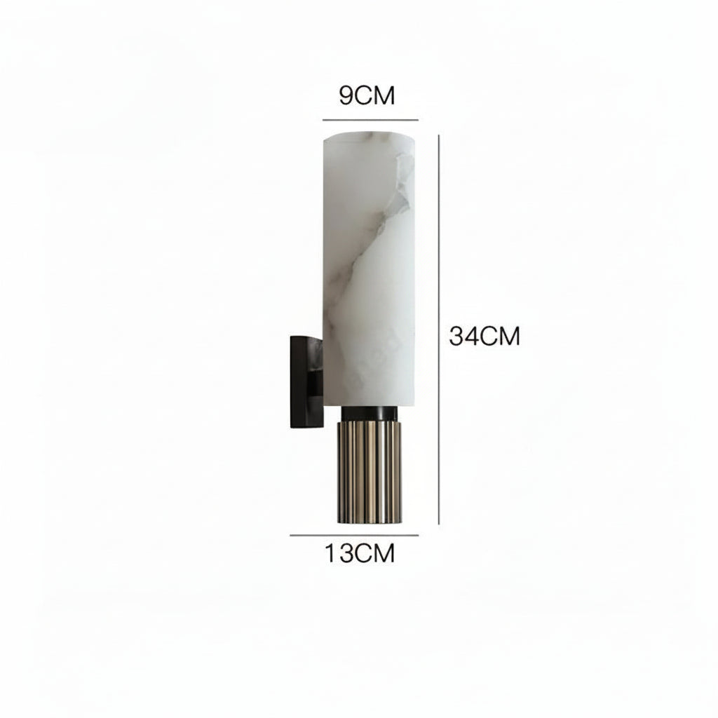 A wall-mounted light fixture shown with dimension labels: 9CM width at the top, 34CM height, and 13CM width at the bottom. The fixture has a white marble cylinder, a black wall mount, and a fluted lower section with vertical metallic stripes.