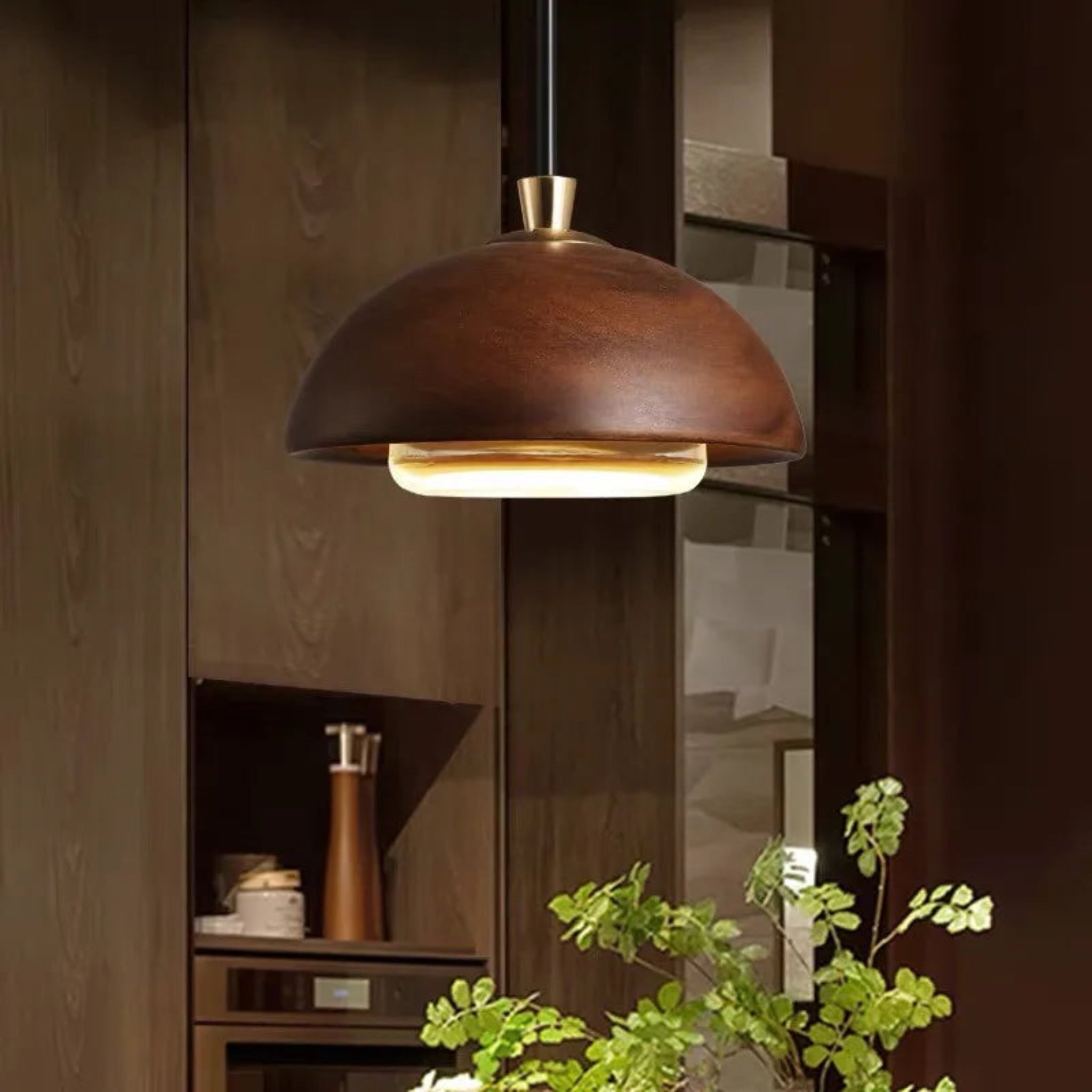 Brown pendant light hanging in a room with wooden walls and plants.