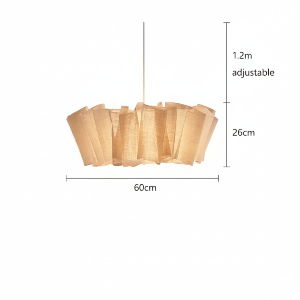 Fabric pendant light with dimensions and material details on a white background