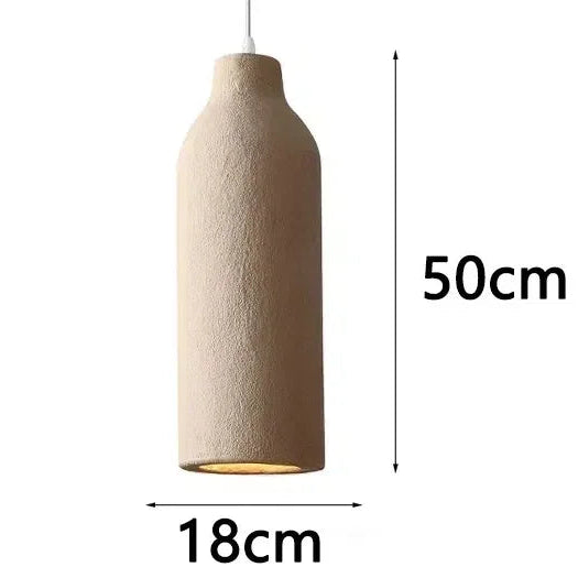 Beige pendant light with dimensions on a white background