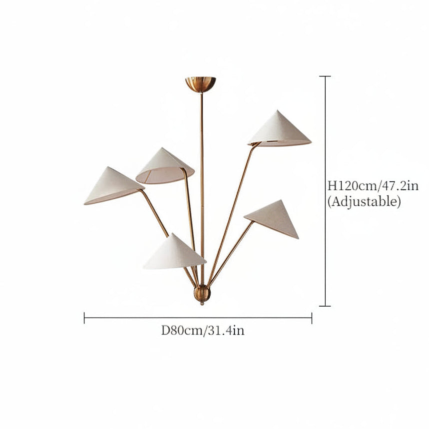 Chandelier with geometric design and dimensions on a white background