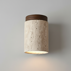 Cylindrical light fixture with stone and wood design, dimensions shown.