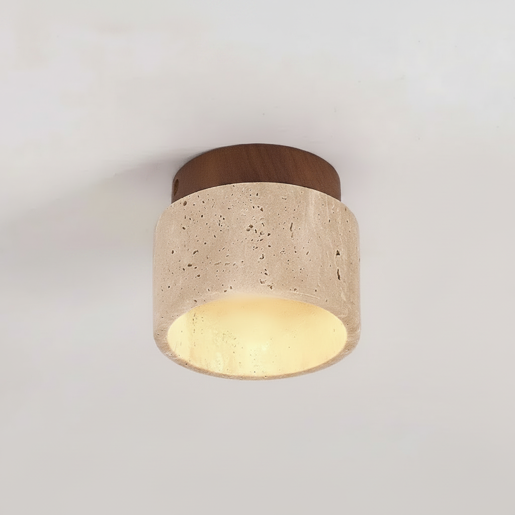 Ceiling light fixture with stone and wood design on a white background