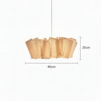 Wooden pendant light with dimensions and material details on a white background