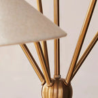 Close-up of a gold floor lamp with a beige lampshade on a neutral background