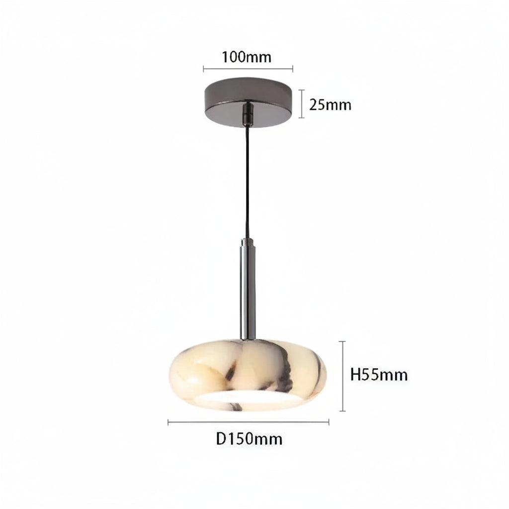 Pendant light with dimensions labeled on a white background