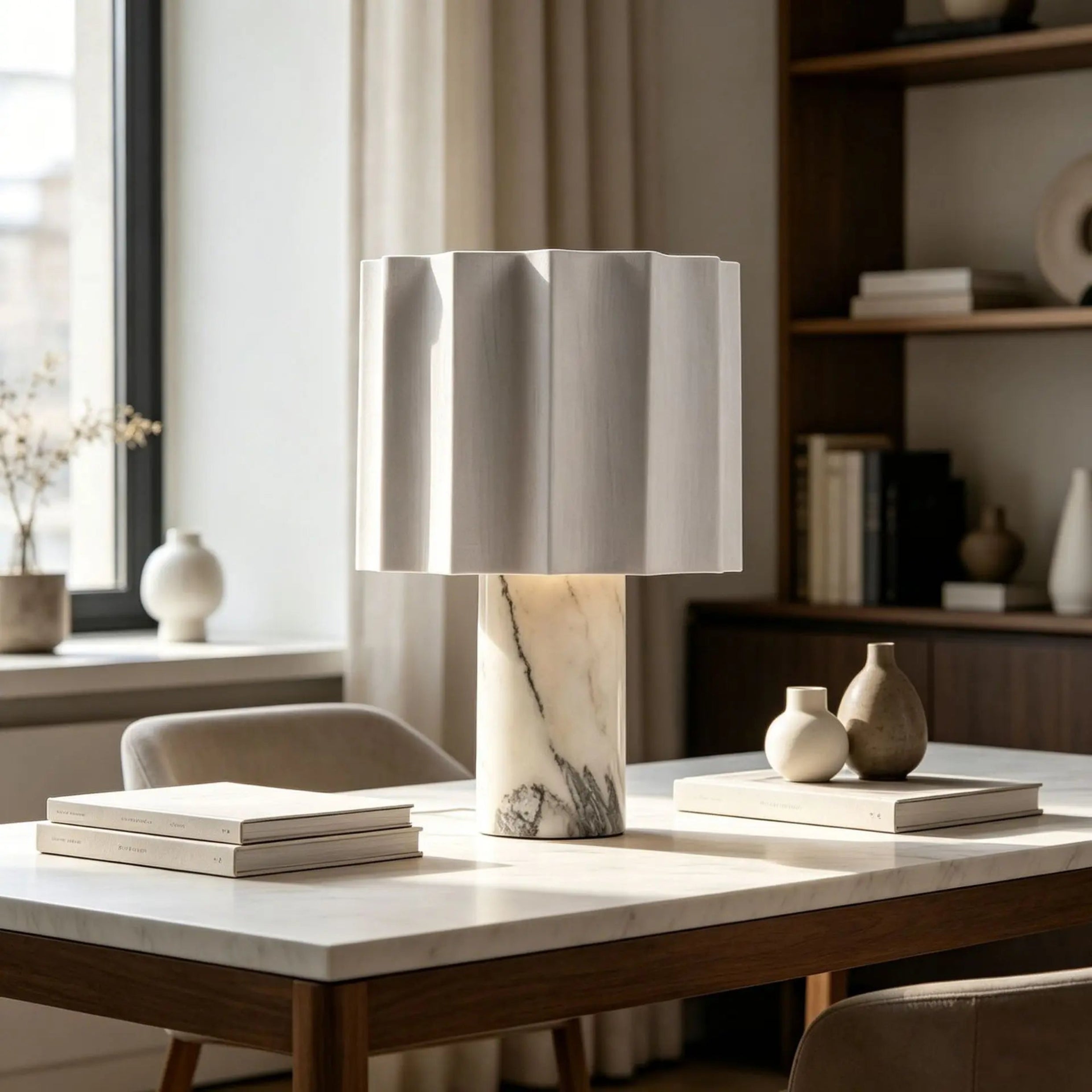 Marble lamp on a table with books and decorative items in a room setting