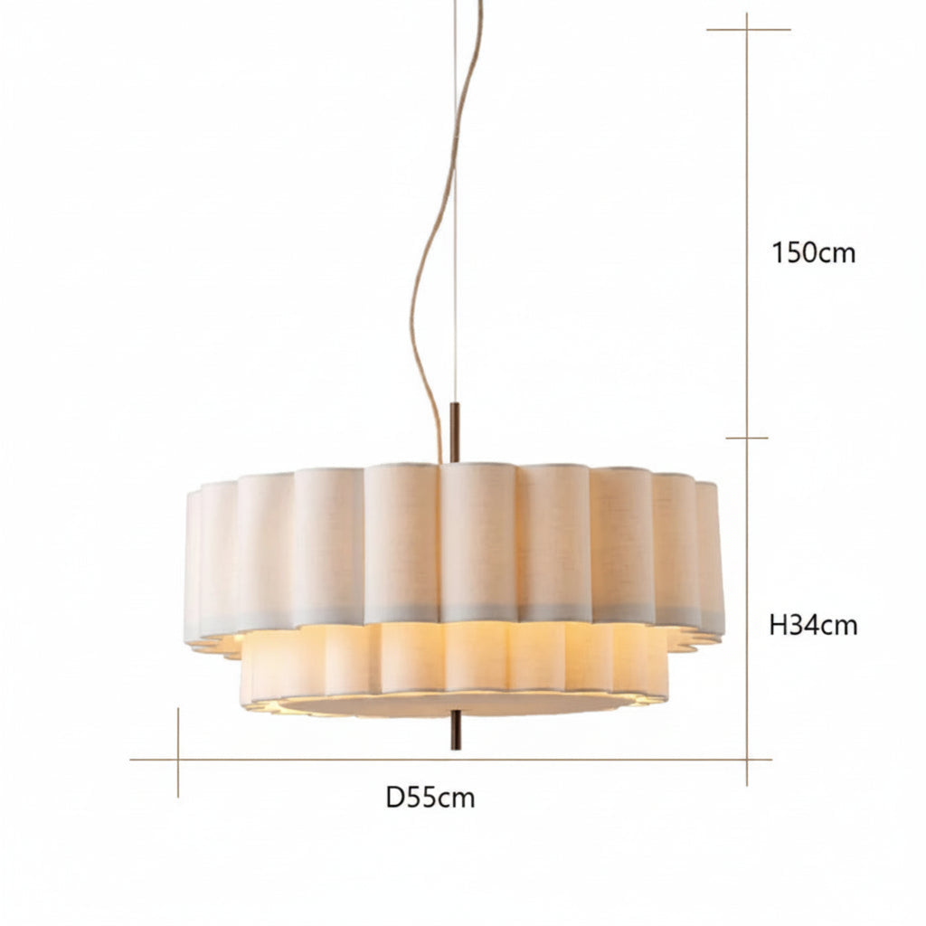 A modern drum-shaped pendant light with a fluted shade in warm beige and cream tones, shown with dimension lines and labels indicating a height of 150cm, shade height of 34cm, and diameter of 55cm.