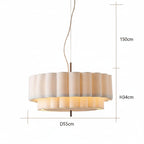 A modern drum-shaped pendant light with a fluted shade in warm beige and cream tones, shown with dimension lines and labels indicating a height of 150cm, shade height of 34cm, and diameter of 55cm.