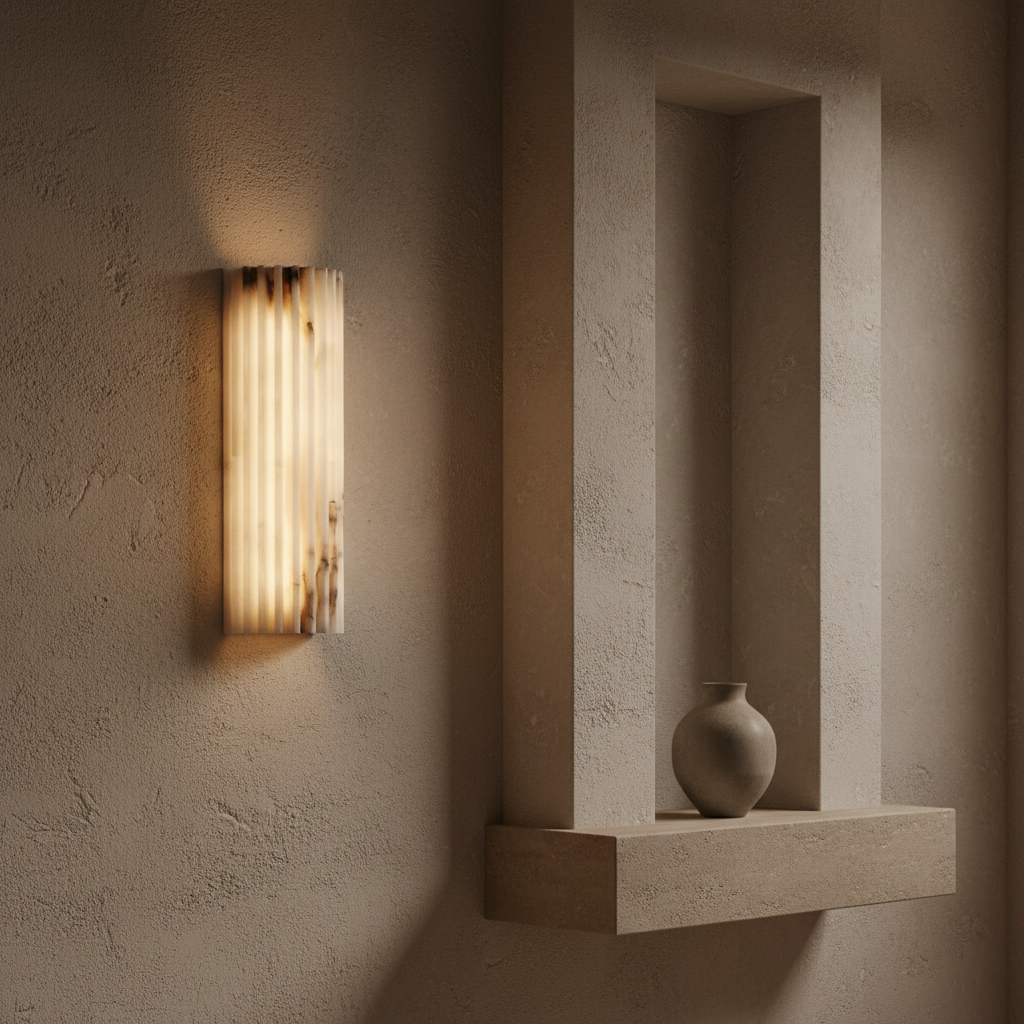Wall-mounted light fixture casting a warm glow on a textured wall with a small vase on a shelf.