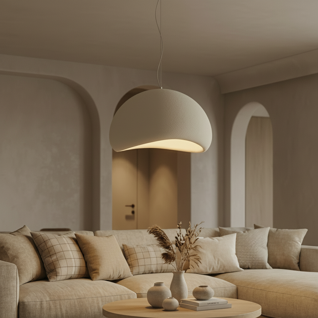 Modern living room with beige sofa, decorative pillows, and a hanging light fixture.