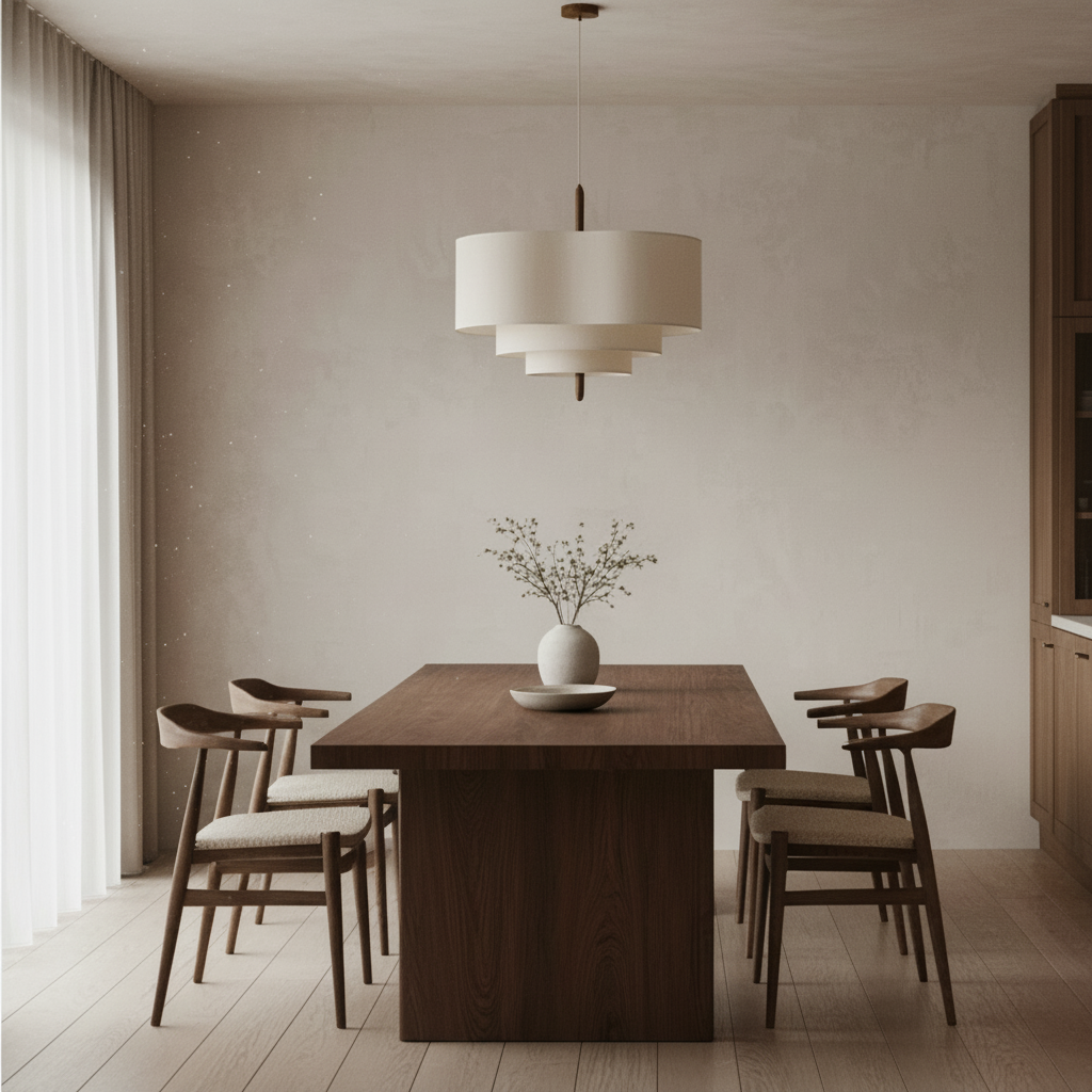 Dining room with wooden table and chairs, modern pendant light, and neutral decor.