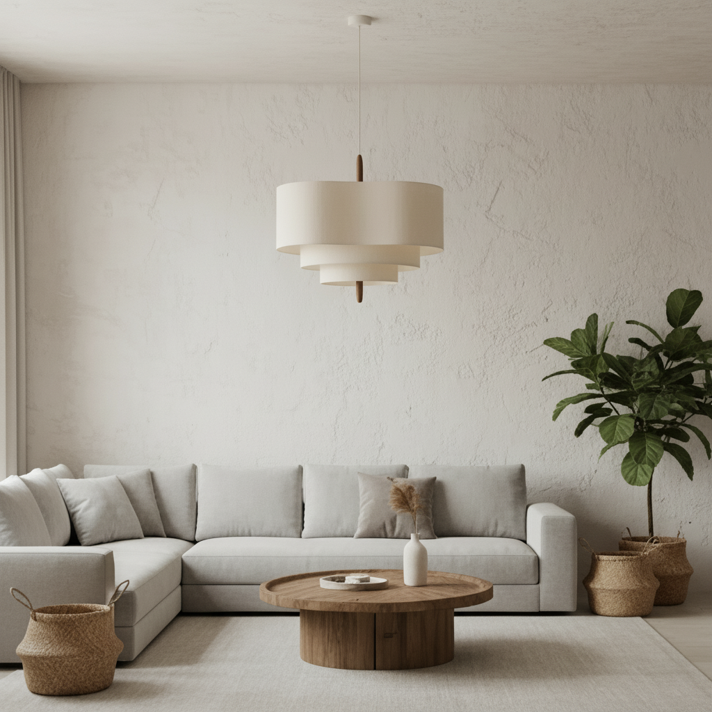 Modern living room with a sectional sofa, wooden coffee table, and pendant light.