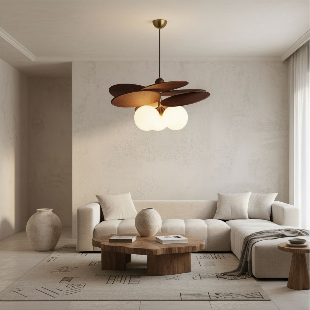 Modern living room with a ceiling fan light fixture, white sofa, and wooden coffee table.