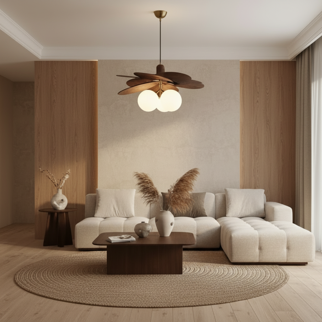 Modern living room with a white sofa, wooden coffee table, and pendant light.