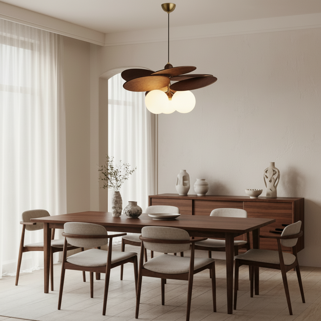 Dining room with wooden table and chairs, modern pendant light, and decorative vases.