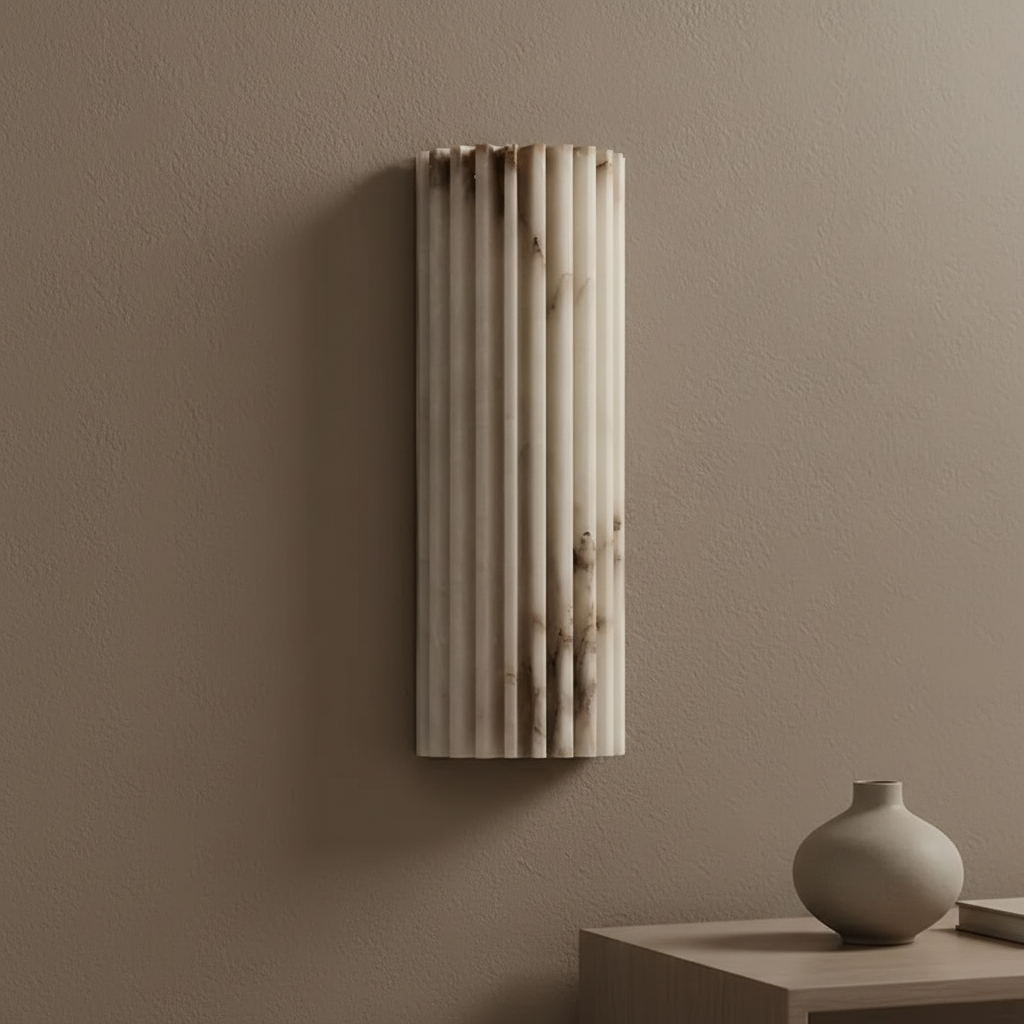 Decorative wall panel on a beige wall with a vase on a table below.