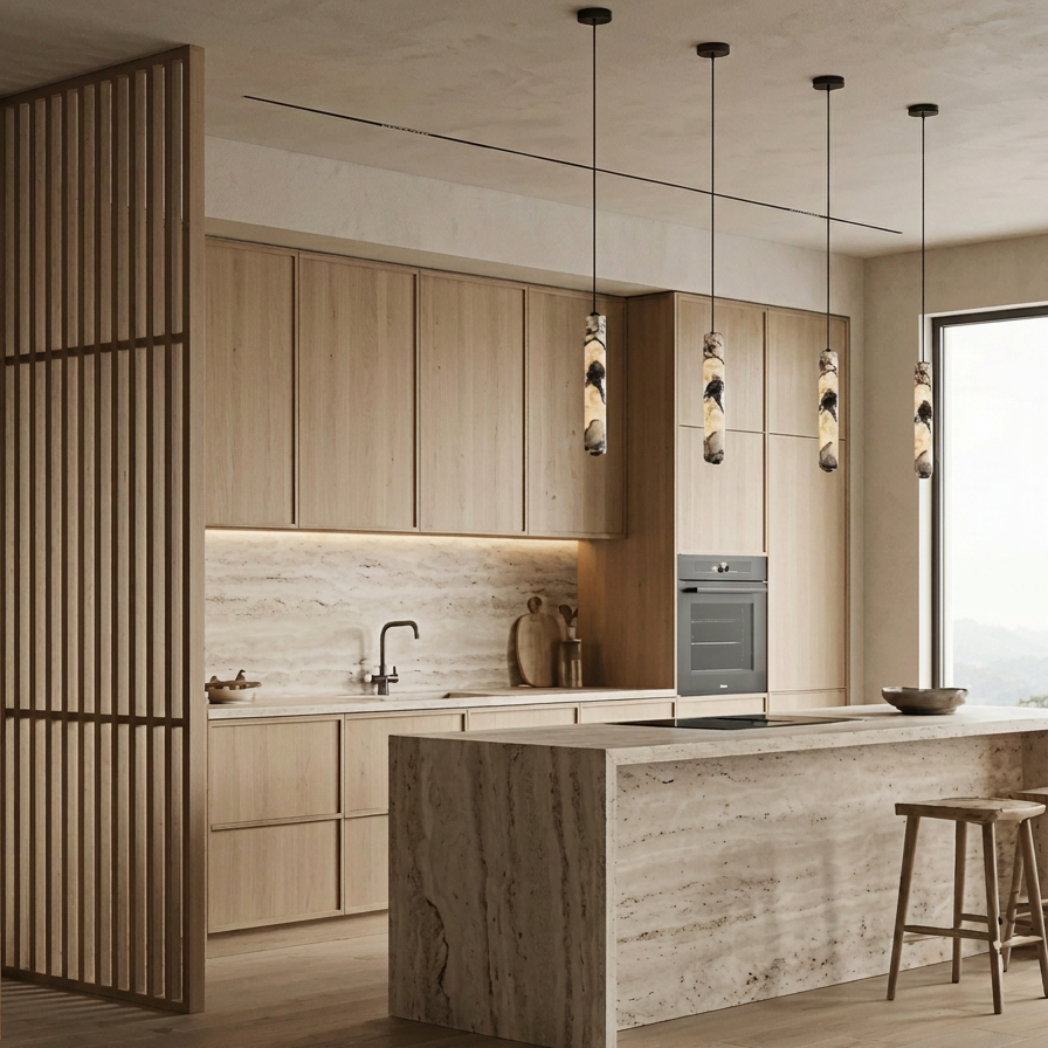 A modern kitchen interior with light wood cabinetry, a marble-look island, pendant lights, and a large window on the right.