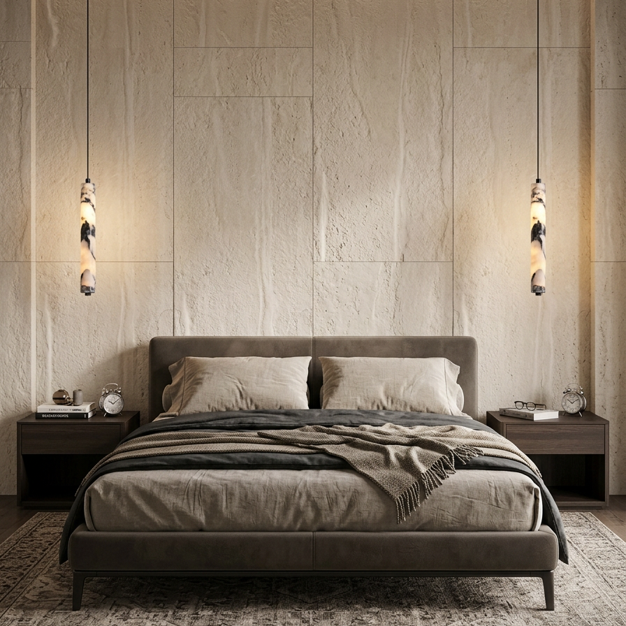 A modern minimalist bedroom featuring a low-profile upholstered bed in taupe, flanked by dark wood nightstands and two hanging pendant lights against a textured beige stone wall.