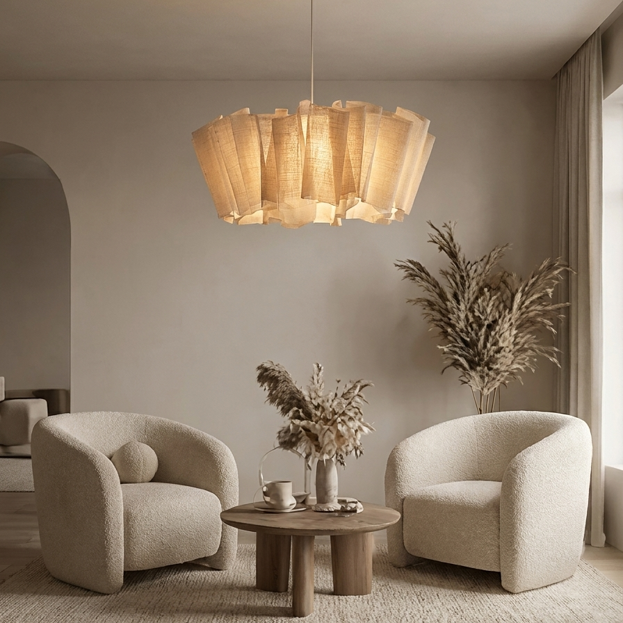 A modern living room scene featuring a tiered pleated paper chandelier hanging above a round wooden coffee table, flanked by two cream boucle armchairs and a tall potted dried plant.