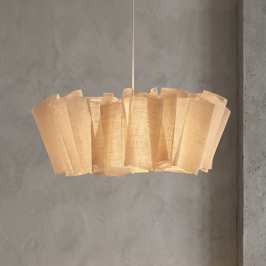 A modern pendant light with a ruffled, pleated shade made from natural beige woven material, suspended against a textured gray plaster wall.