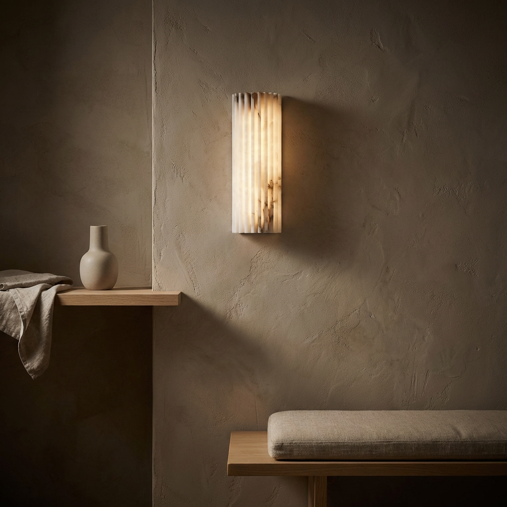 Wall-mounted light fixture casting a warm glow on a textured wall with a bench and shelf in the foreground.