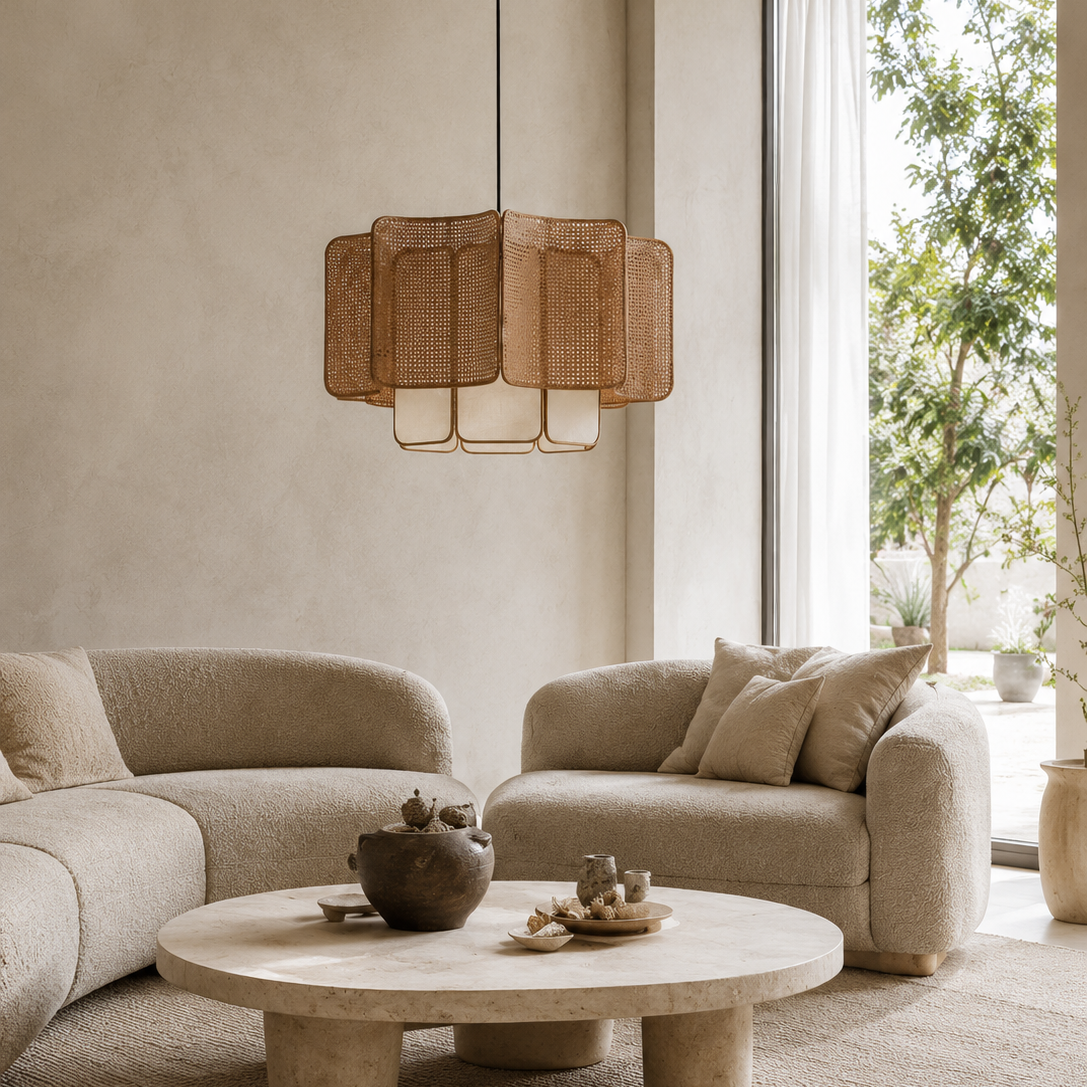 A modern, minimalist living room featuring a round concrete coffee table, two beige textured armchairs, a woven rattan pendant light, and a large window looking out onto green trees.